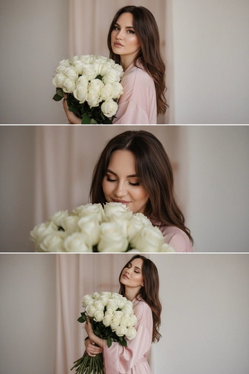 Не меняй черты лица, оставь их точь в точь как на загруженном фото, в том числе макияж и волосы.
Композиция из триптиха изображает женщину дома с цветами
На ней свободная пижама кимоно в пол нежно розового цвета.

На верхнем кадре портрет крупным планом, женщина смотрит в камеру лицо боком в руках у неё огромный букет. На заднем плане светлая стена размыты.

На центральном кадре сверхкрупный план, та же девушка, ее голова слегка наклоненная вперед, она принюхивается к букету, ее глаза закрыты, на лице легкая улыбка.  Кадр снятый с очень близкого расстояния, видно только часть огромного букета и лица  

На нижнем кадре портрет крупным планом изображена всё та же женщина, голова запрокинута вверх глаза закрыты, прижимает все тот же огромный букет к груди

Цветовая палитра приглушена, с нежными розовым, белым
Общий стиль наводит на романтику. Присутствует видимая зернистость.  Букет цветов - белые розы