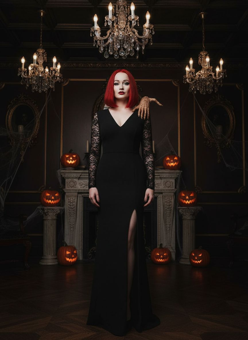 Создайте гиперреалистичную фотографию человека в полный рост, сохранив все его оригинальные черты лица и волосы. Модель одета в костюм, вдохновленный Мортишей Аддамс: длинное черное облегающее платье с элегантным вырезом и боковым разрезом, длинными обтягивающими кружевными рукавами и чувственным готическим макияжем. Действие происходит в готической комнате особняка Аддамс, освещенной люстрами и декоративными тыквами на Хэллоуин. На плече у нее лежит Маленькая Ручка, расположенная естественно, словно живая, взаимодействующая с окружающей обстановкой. Реалистичный кинематографический стиль, темная, изысканная и элегантная атмосфера. Снято с объективом 85 мм f/1.2, разрешением 8K и мягким, драматичным освещением в стиле классического фильма ужасов. Не меняй мое лицо.
