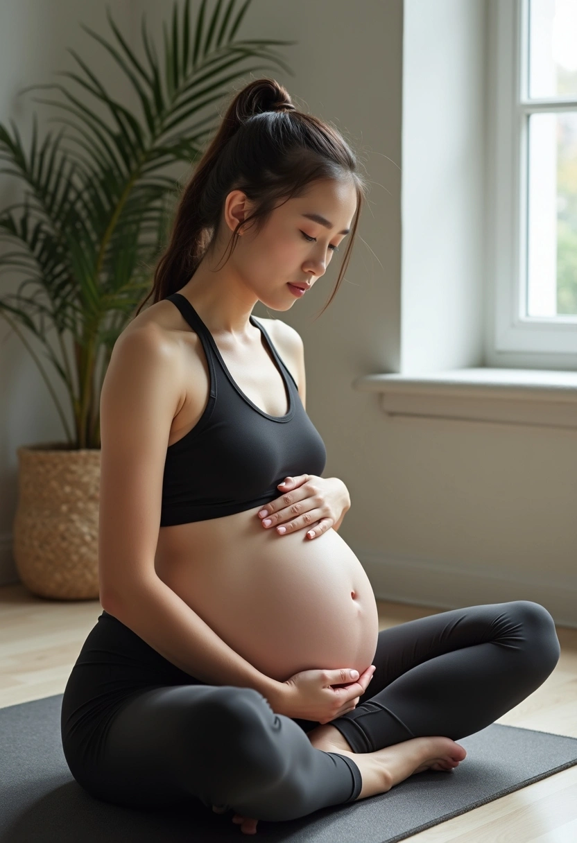 Спорттық киімдегі жүкті әйел йога төсеніші үстінде отырып, ішін қолымен құшақтап тұр, айналасы минималистік интерьер