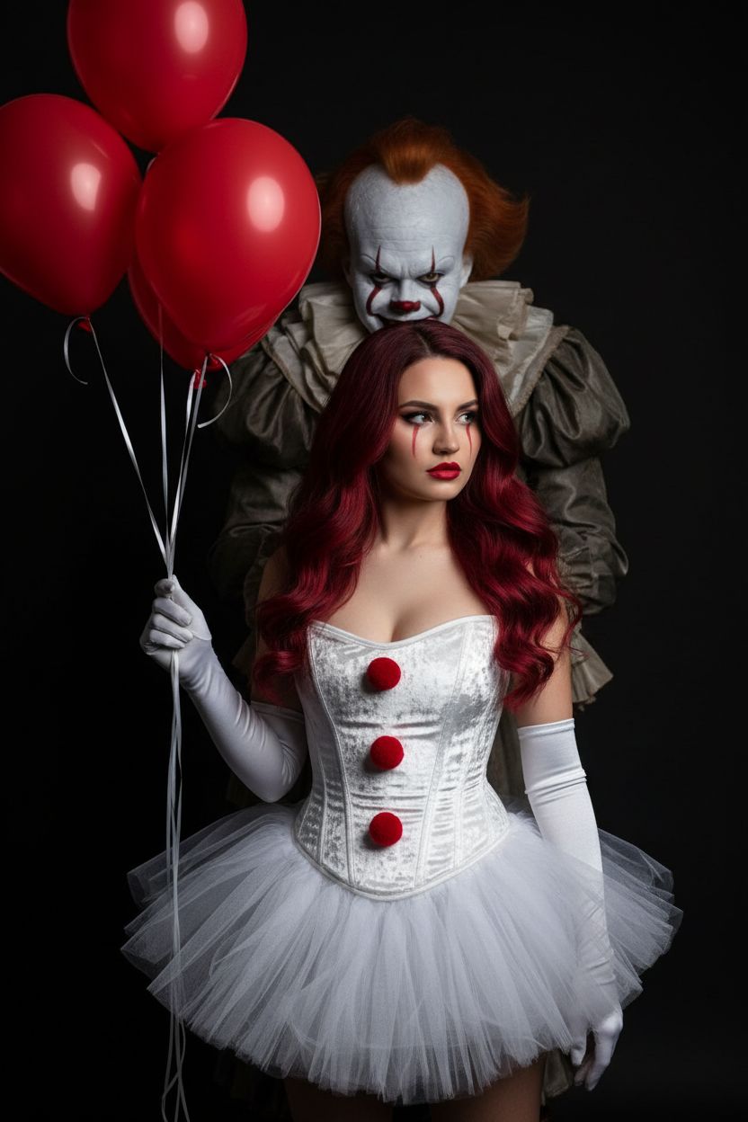 Создайте фото, не изменяя черты лица, в костюме Пеннивайза. Детали костюма и персонажа: На ней белый корсет из бархата или подобного материала, украшенный спереди красными помпонами. На ней короткая белая юбка-пачка из тюля. Среди аксессуаров — длинные белые перчатки. В правой руке она держит три красных воздушных шарика. У неё длинные волнистые волосы бордово-красного цвета, а макияж подчёркивается яркой красной помадой. Выражение её лица серьёзное, взгляд направлен в сторону. Фон и атмосфера: Фон преимущественно тёмный, создающий эффектный контраст с белым костюмом. За ней стоит клоун Пеннивайз, наблюдает. Это студийное фото с эффектным освещением, запечатлевшее популярный костюм для Хэллоуина или тематической вечеринки.