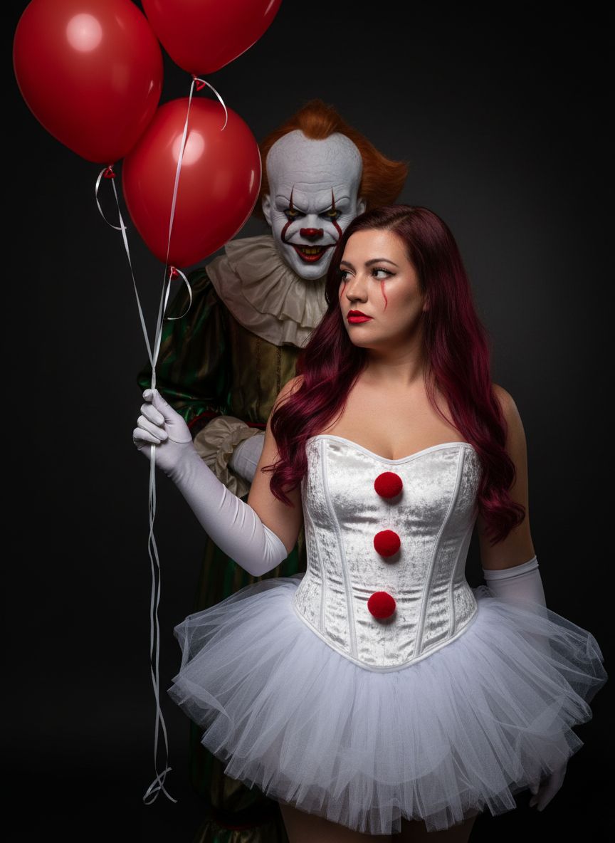 Создайте фото, не изменяя черты лица, в костюме Пеннивайза. Детали костюма и персонажа: На ней белый корсет из бархата или подобного материала, украшенный спереди красными помпонами. На ней короткая белая юбка-пачка из тюля. Среди аксессуаров — длинные белые перчатки. В правой руке она держит три красных воздушных шарика. У неё длинные волнистые волосы бордово-красного цвета, а макияж подчёркивается яркой красной помадой. Выражение её лица серьёзное, взгляд направлен в сторону. Фон и атмосфера: Фон преимущественно тёмный, создающий эффектный контраст с белым костюмом. За ней стоит клоун Пеннивайз, наблюдает. Это студийное фото с эффектным освещением, запечатлевшее популярный костюм для Хэллоуина или тематической вечеринки.