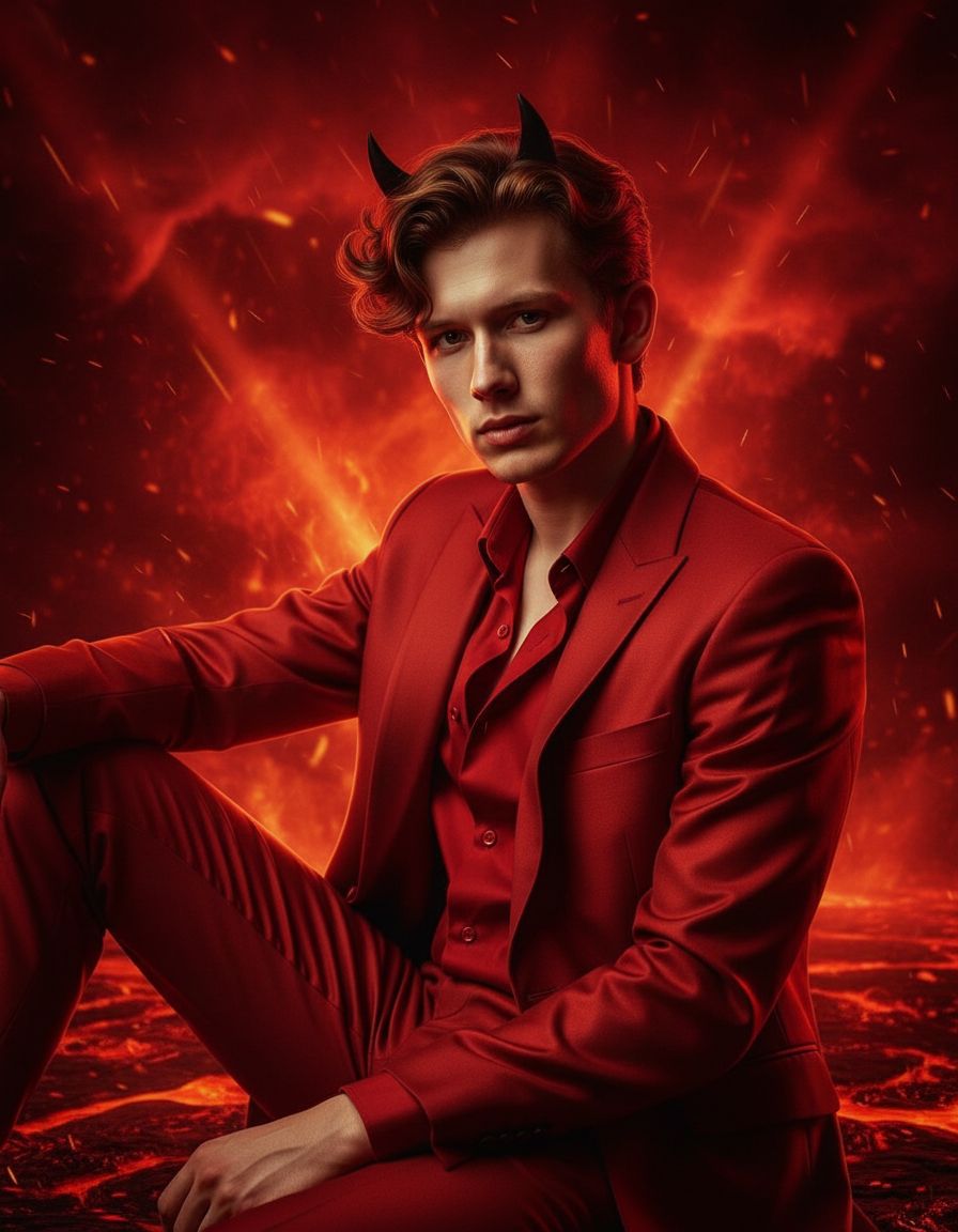 Стилизованный портрет в образе дьявола. Мужчина в красном атласном костюме, на голове маленькие чёрные рожки. Он сидит уверенно, поза выразительная. Фон — тёмный с красным дымом, напоминающим адское пламя. Атмосфера страстная, демоническая, кинематографичная.