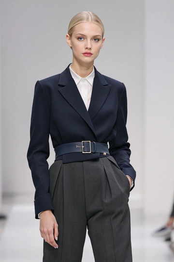 Женщина стоит на подиуме в образе от Dior: темно-синий жакет с акцентированной талией и тонким поясом, под ним светлая шелковая блуза, строгие серые брюки с защипами. Чистый минималистичный фон, мягкое равномерное освещение, средний план, прямой взгляд в камеру.