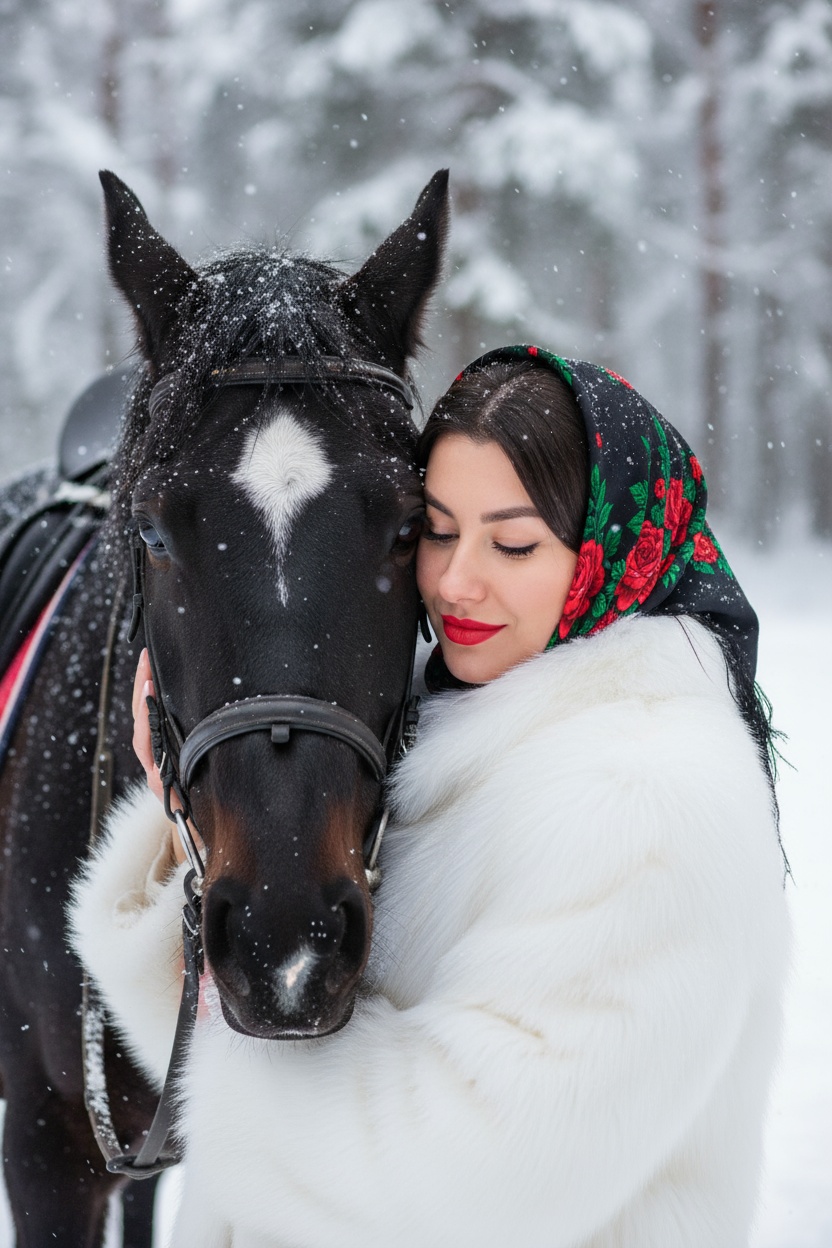 На изображении крупным планом показаны девушка и лошадь в зимней обстановке. Снег падает, создавая эффект заснеженности.девушка, одетая в шубу, обнимает лошадь. у девушки нарощенные ресницы. Девушка смотрит вниз и обнимает лошадь. На ее голове надет черный платок с ярким цветочным узором, включающим красные розы и зеленые листья. На ее губах нанесена красная помада.Лошадь темной масти, на лбу у нее белое пятно в форме ромба. На голове лошади надета упряжь. Мех и шерсть обоих покрыты снежинками.Фон представляет собой размытый зимний пейзаж с деревьями. На девушке пушистая белая шуба