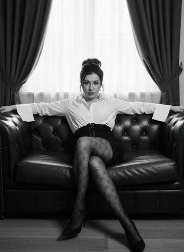Чёрно-белый ультрареалистичный 8K портрет в студийной обстановке.
Женщина сидит на тёмном кожаном диване с мягкими пуговичными подушками, в уверенной позе: корпус слегка откинут назад, правая рука свободно лежит на подлокотнике, левая — на спинке дивана. Ноги скрещены, правая вытянута вперёд. Взгляд прямой, уверенный, губы сомкнуты.

Одежда: белая рубашка с широкими манжетами, небрежно расстёгнутая сверху; узкая чёрная мини-юбка с корсетной шнуровкой; тонкие чёрные колготки с логотипом Gucci; остроносые туфли на шпильке.
Причёска: объёмный высокий небрежный пучок. Макияж выразительный — акцент на глаза, чёткие стрелки, матовые губы.

Интерьер: чёрный кожаный диван, за спиной окно с мягким дневным светом, тёмные плотные шторы по бокам. Свет мягкий, направленный, создаёт кинематографи...