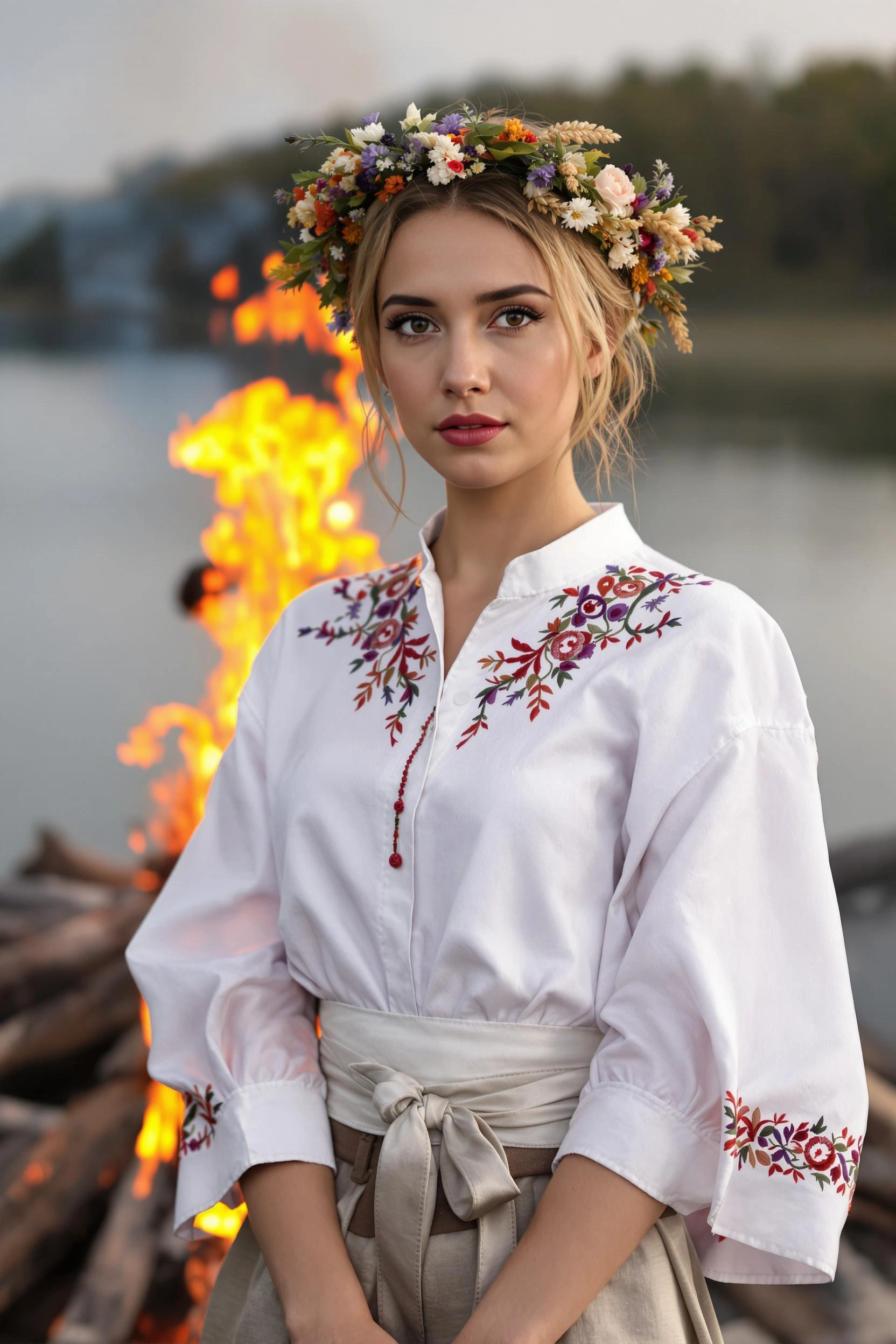 Девушка стоит у воды на фоне горящего костра в белой хлопковой рубахе с вышитым воротом и широкими рукавами, на талии атласный пояс, голова украшена венком из полевых цветов и злаков. Она смотрит прямо в камеру, руки сложены за спиной.