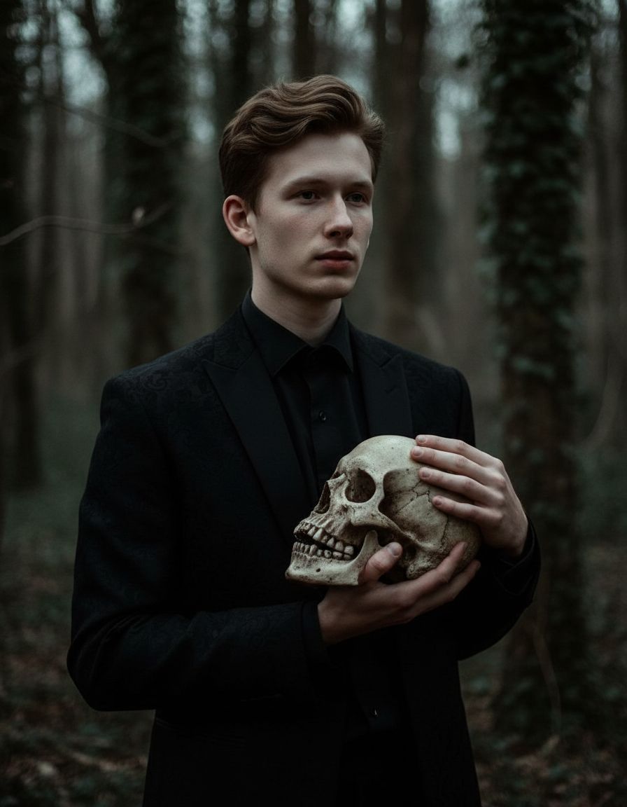 Мрачный готический портрет. Крупный план. Мужчина в чёрной рубашке и строгом пиджаке держит в руках человеческий череп, позирует спокойно и уверенно. Фон лесной, в тёмно-зелёных тонах. Атмосфера меланхоличная, элегантная, кинематографичная.