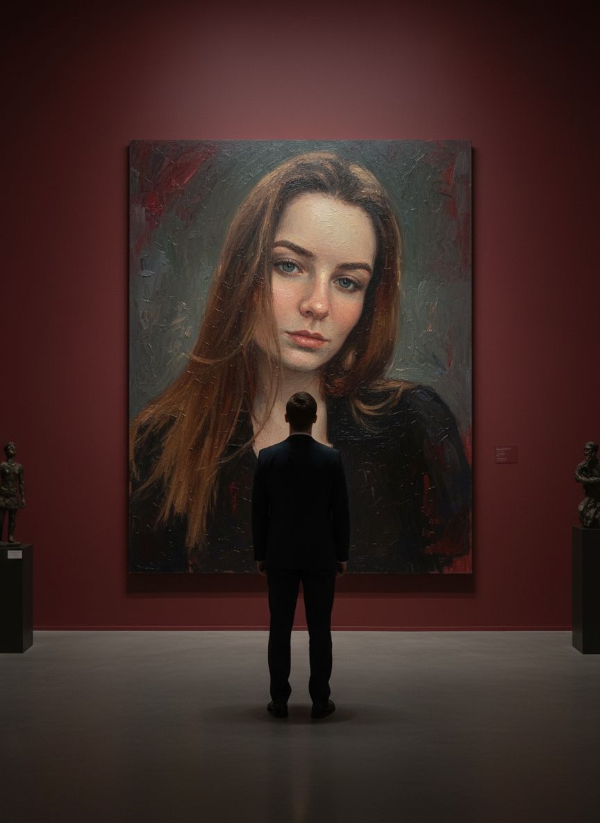 Создай сцену в галерее современного искусства, используй прилагаемое изображение лица и внешности человека, не меняя черты лица. На стене висит большой портрет человека маслом. Её лицо и верхняя часть тела написано в реалистичной, экспрессивной манере масленной живописи с текстурированными мазками и приглушенными цветами. Чистая красная стена галереи создаёт профессиональную атмосферу выставки благодаря мягкому освещению, освещающей произведения искусства. Перед картиной с видом сзади, стоит мужчина рассматривая картину, что придаёт сцену кинематографическое и таинственное настроение.