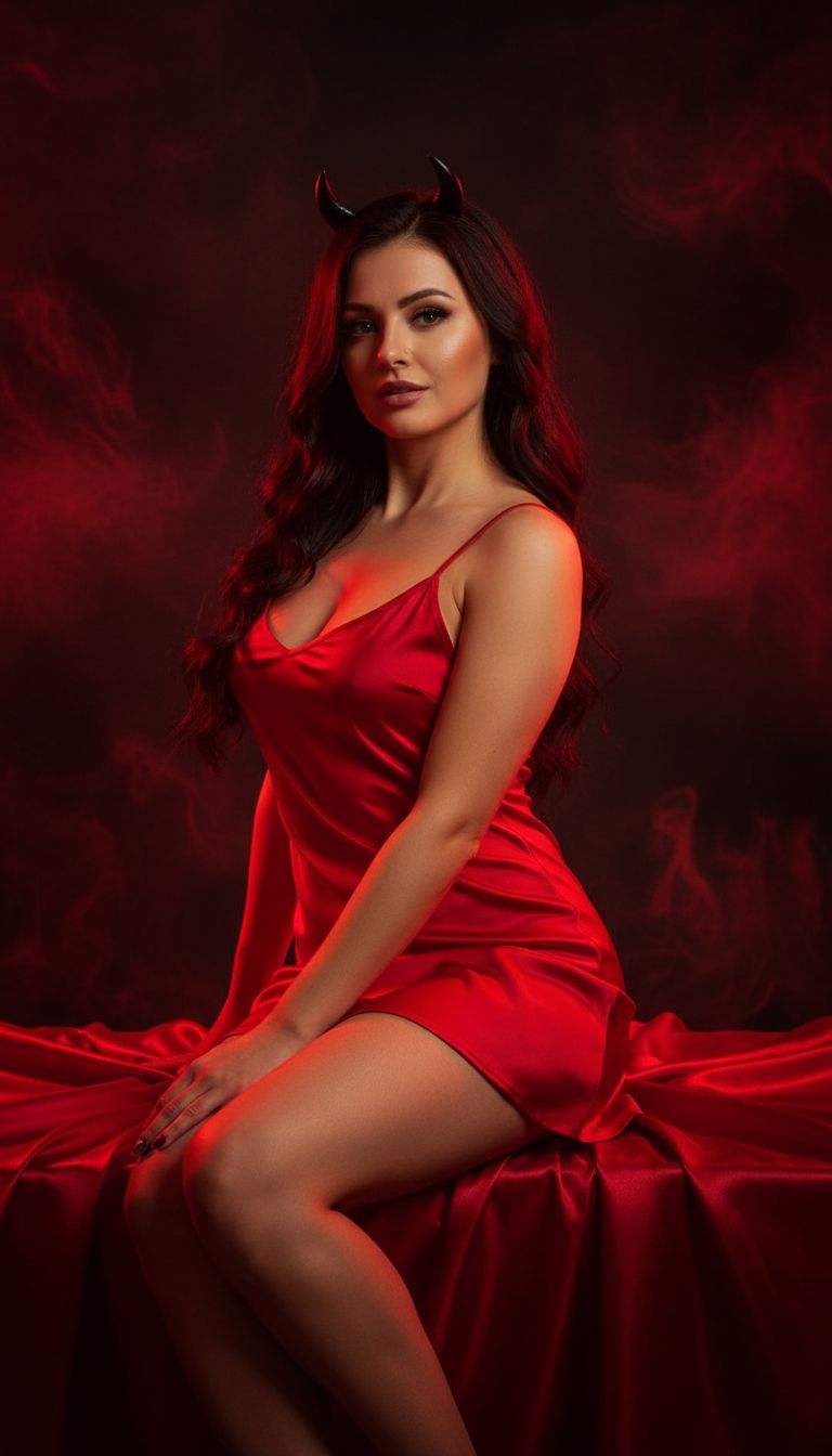 Изображение представляет собой стилизованный портрет женщины, характеризующейся как дьяволица. Женщина находится в центре внимания, сидя в кокетливой позе на поверхности, напоминающей красную атласную ткань. Ключевые элементы изображения: Тема и наряд: Женщина одета в красное атласное платье на тонких бретельках. На голове у неё маленькие чёрные рожки, придающие ей дьявольский вид. Её тёмные волосы уложены мягкими волнами и спускаются по спине. Поза и выражение: Она сидит, элегантно расставив ноги, и смотрит прямо в камеру с уверенным выражением лица. Фон и атмосфера: Тёмный фон, на котором доминирует эффект тёмно-красного дыма или пламени, создаёт страстную, таинственную и тематическую атмосферу. Освещение и стиль: Освещение драматичное и тёплое, с насыщенными красными тонами, насыщающими сцену. Свет подсвечивает её лицо, грудь и ноги, оставляя остальные части тела в тени.