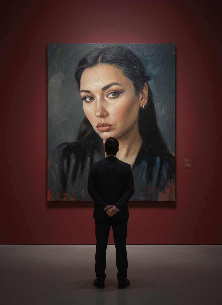 Создай сцену в галерее современного искусства, используй прилагаемое изображение лица и внешности человека, не меняя черты лица. На стене висит большой портрет человека маслом. Её лицо и верхняя часть тела написано в реалистичной, экспрессивной манере масленной живописи с текстурированными мазками и приглушенными цветами. Чистая красная стена галереи создаёт профессиональную атмосферу выставки благодаря мягкому освещению, освещающей произведения искусства. Перед картиной с видом сзади, стоит мужчина рассматривая картину, что придаёт сцену кинематографическое и таинственное настроение.