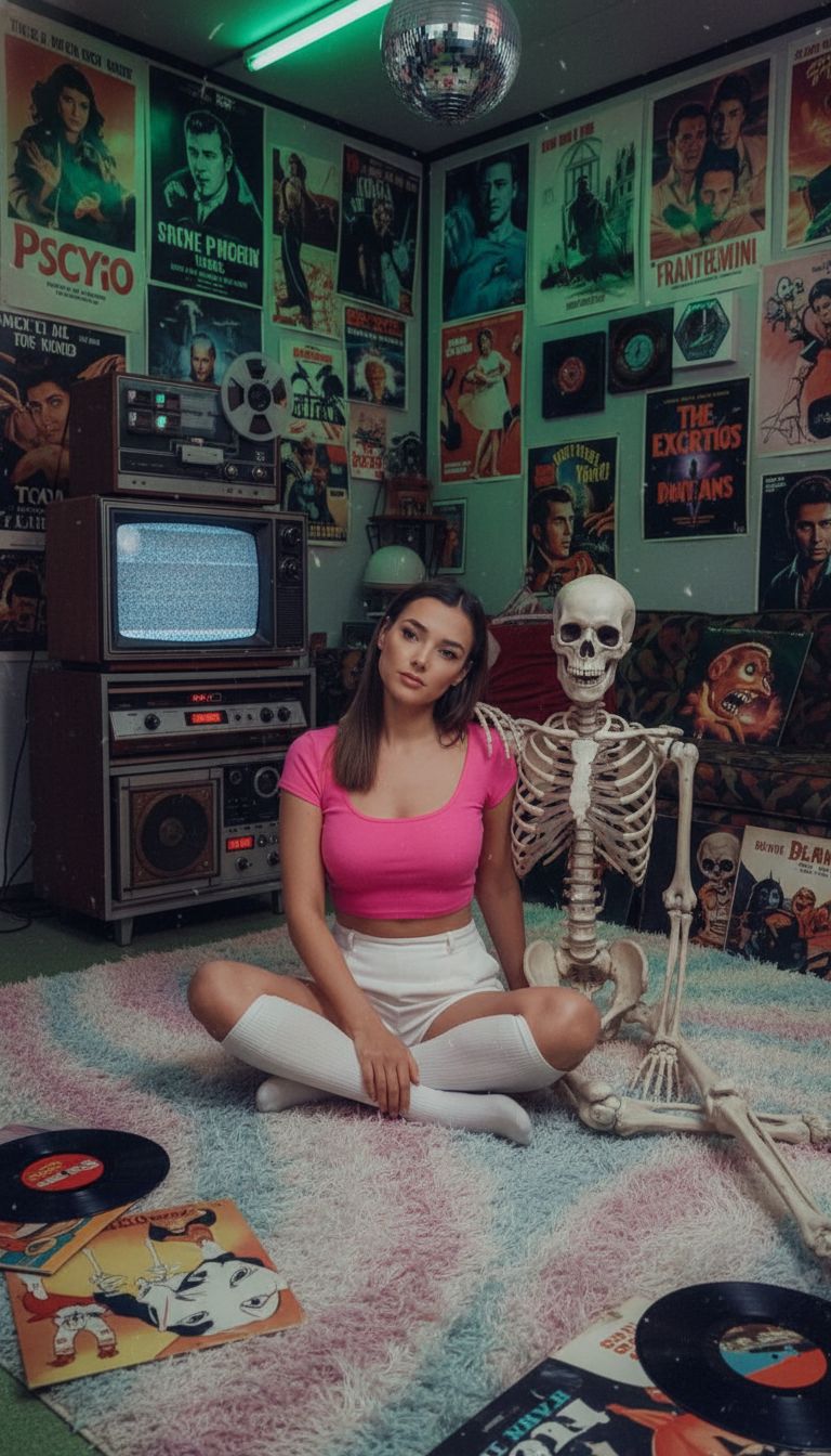 Ретро-сцена в стиле хоррор. Женщина в розовом топе и белых шортах и носках сидит на пушистом ковре рядом с анатомическим скелетом. На фоне винтажная комната с постерами фильмов ужасов, старым телевизором и аудиотехникой. Атмосфера странная, ироничная, с лёгким оттенком черного юмора и ретро-эстетики