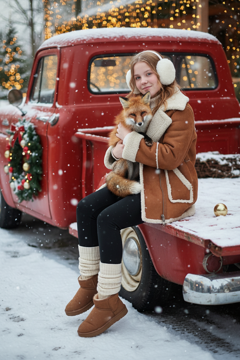 Портрет молодой женщины, сидящей на кузове винтажного красного грузовика. Девушка держит на руках животное. На ней коричневая дубленка с белой окантовкой из овчины по воротнику, манжетам и карманам, под дубленкой белый свитер с горловиной, черные лосины тканевые без блеска, на ногах укороченные, высотой до щиколоток коричнево-бежевые угги на платформе и кремовые гетры до середины икр, выглядывающие из уггов. 
Девушка смотрит в камеру, на ее лице легкая улыбка. 

На грузовике — праздничный рождественский венок. На земле лежит снег.

Мягкий снег падает. Атмосфера — реалистичная, теплая и немного кинематографичная. Сияющие рождественские огоньки и украшения создают яркую теплую атмосферу. Разрешение 8K, акцент на текстуру одежды, снег и сверкающие огоньки на заднем фоне. —ar 3:4 —v.

Не меняй черты лица.  На голове девушки белые зимние меховые наушники. Держит на руках рыжую лису