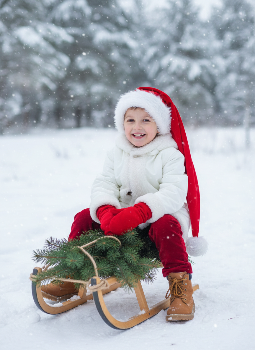 Создайте фотографию счастливого улыбающегося ребенка в 8K-качестве, в длинной шапке Санты, доходящая до бёдер, красных варежках и  и белое зимнее пальто или куртка с отделкой и подкладкой из белого меха или шерпы на воротнике, манжетах и ​​спереди поверх красных бархатных брюк. Коричневые ботинки из замши со шнурками. Ребенок сидит на санках. К санкам на веревке привязана свежесрубленная сосна (ель). На заднем плане — заснеженный лес. Это идиллическая и праздничная зимняя фотография с мягким падающим снегом. Сохраните черты лица человека на представленном фото.