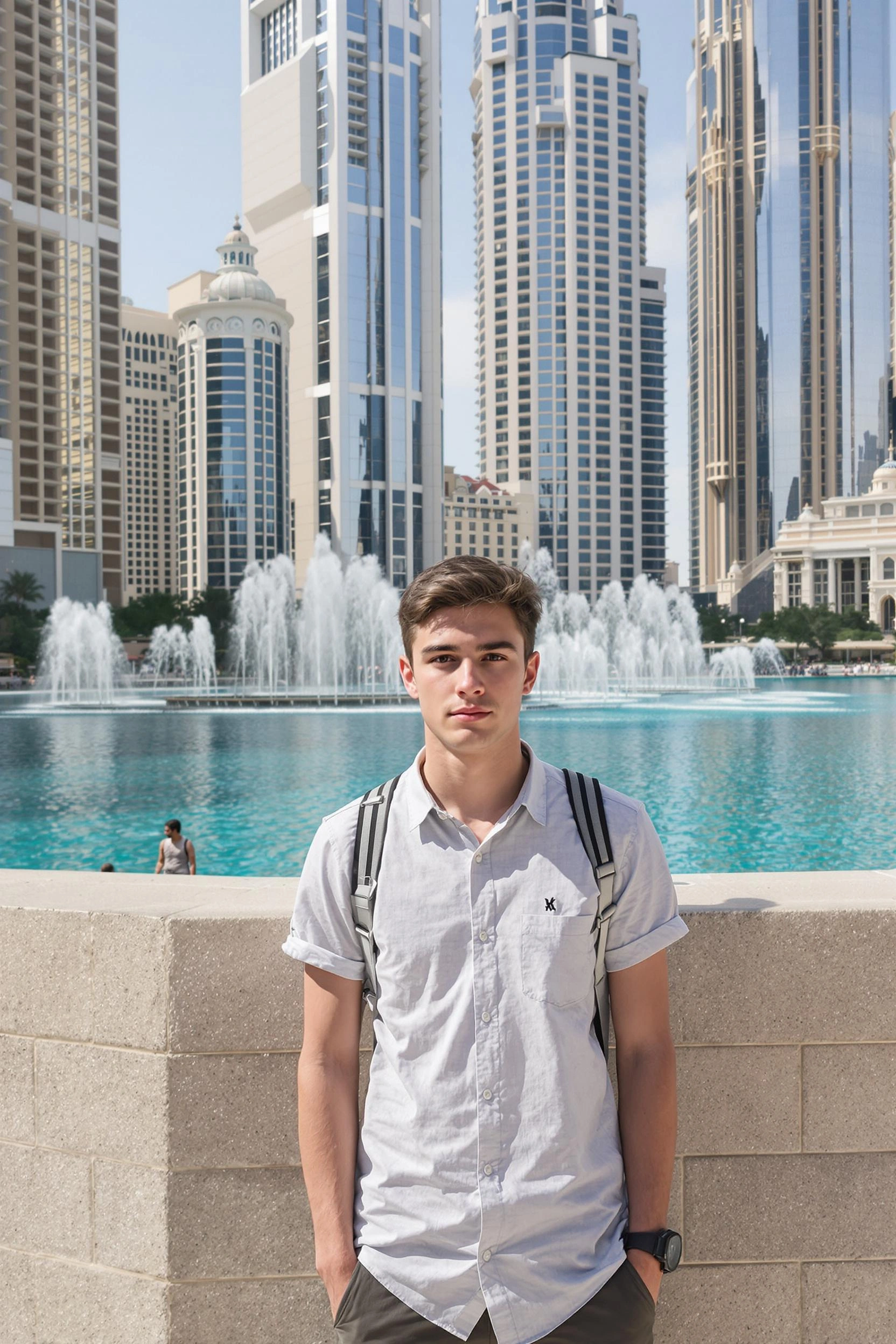 Молодой мужчина в casual-одежде стоит на фоне искусственного водоема у Dubai Mall, смотрит прямо в камеру, за его спиной сверкают фонтаны и высотки, динамика города отражается в водной глади, освещение дневное, средний план.