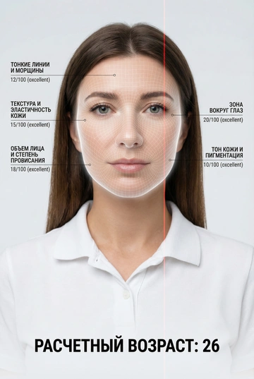 Гиперреалистичная портретная инфографика высокого разрешения на основе моей фотографии. Сохраняется тот же человек, та же внешность, прическа, одежда и естественный тон кожи, на нейтральном студийном фоне. На лицо накладывается тонкая полупрозрачная сетка анализа — аккуратные белые линии, как у 3D-сканирования, мягкое слабое свечение без перекрытия деталей кожи. По одной стороне лица проходит одна вертикальная красная лазерная линия в стиле технологичного сканирования. Сделайте минималистичную медико-эстетическую инфографику с 5 метками факторов старения. Каждая метка — тонкая указательная линия к области лица, рядом короткий заголовок и честная оценка по 100-балльной шкале (0 — отличное состояние, 100 — максимальные признаки возрастных изменений), основанная на визуальном анализе и глобальных данных: Тонкие линии и морщины, Текстура и эластичность кожи, Объем лица и степень провисания, Зона вокруг глаз, Тон кожи и пигментация. Типографика — современная, техническая, без засечек, стиль медицинского интерфейса. В нижней центральной части кадра крупным жирным шрифтом укажите итоговый предполагаемый возраст: «РАСЧЕТНЫЙ ВОЗРАСТ: (число на основе анализа)». Общий стиль — премиальный футуристический AI-анализ кожи, чистый, минималистичный, подходящий для любого человеческого лица.