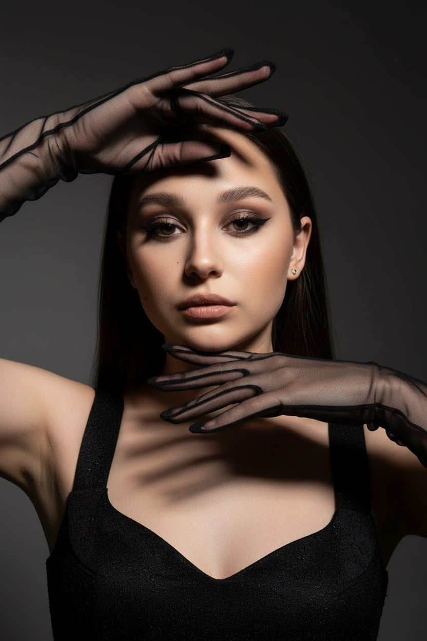 На моей фотографии крупным планом изображена гламурная женщина на темно-сером фоне, в прозрачных чёрных перчатках и чёрном платье. Она позирует, обрамляя лицо руками, отбрасывая на глаза эффектные тени. Яркий макияж глаз с аккуратной подводкой, гладкая и безупречная кожа, кинематографическое освещение, стиль высокой моды, атмосфера таинственности и соблазнительности. 