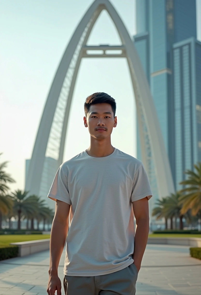 Шорты мен футболка киген ер адам Dubai Frame ғимаратының алдында тұр, тура камераға қарайды, айналасында қалалық саябақ көрінеді.