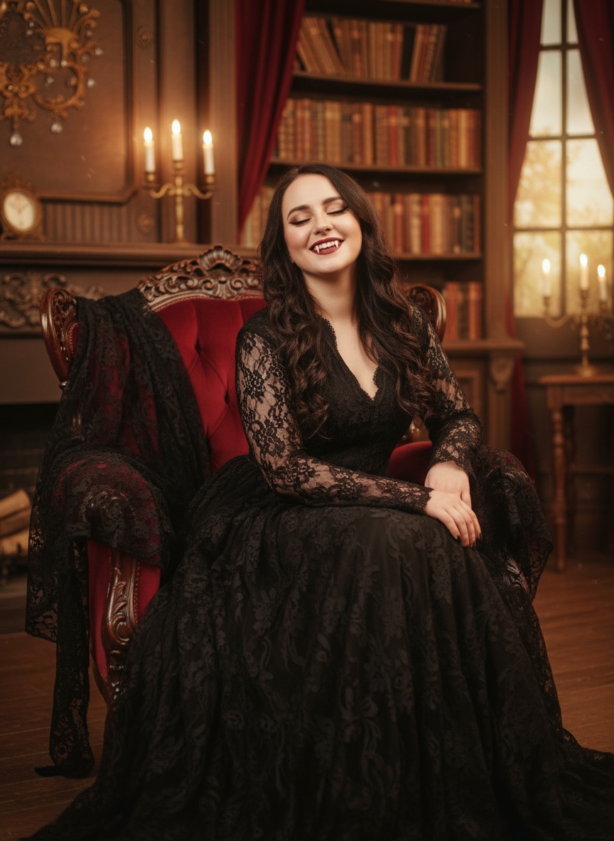 Готический портрет в винтажной обстановке. Женщина в чёрном наряде с кружевными элементами сидит на старинном кресле. На лице яркий макияж с акцентом на глаза и губы, видны клыки вампира. Выражение лица радостное, с лёгкой улыбкой и закрытыми глазами. Атмосфера тёплая, мистическая, с мягким светом и ретро-настроением.