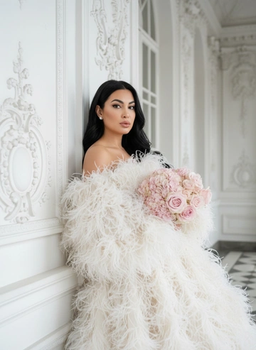 Создай крупный плечевой портрет, не меняя черты лица.Детальный крупный портрет элегантной женщины в эффектном, роскошном, модном платье. Женщина с длинными и волнистыми волосами. Одежда представляет собой объемное творение кутюр, полностью сделанное из больших, текстурированных, кремово-белых перьев, уложенного с открытыми плечами, чтобы обнажить декольте  Женщина стоит в динамичной, чувственной позе, прислонившись к белой классическому архитектурной стене. На ней серьги-гвоздики жемчужные . На заднем плане представлен грандиозный, классический интерьер/экстерьер - ярко-белая мраморная или лепная стена. Редакционное освещение, мягкое и рассеянное, подчеркивающее текстуру перьев и кожи.в руках букет из пудрово розовых гортензий и роз Высокое разрешение, сверхдетализация, модная фотография, 8k.
