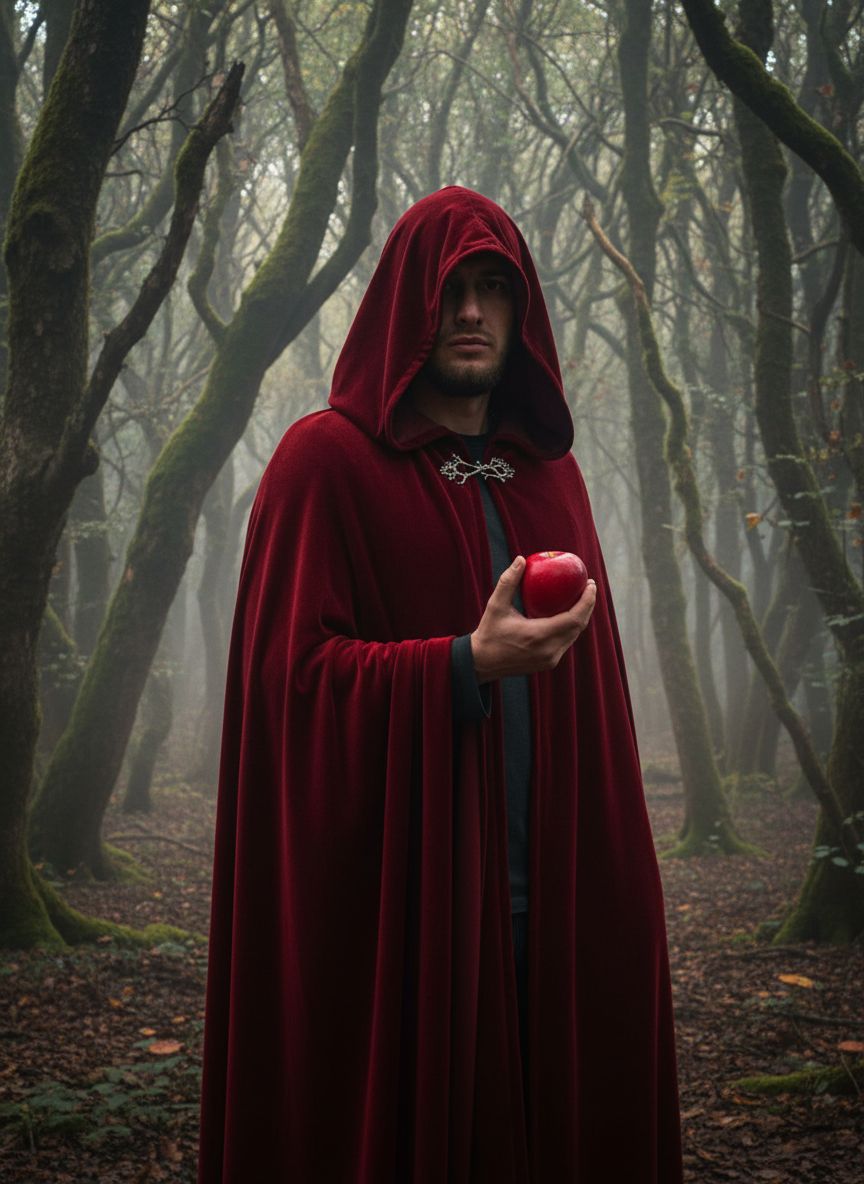 Мужчина в длинном бархатном красном плаще с капюшоном держит в руке ярко-красное яблоко. Фон — лес, мягкий рассеянный свет. Атмосфера мистическая, напоминает тёмную сказку. Очень реалистично и кинематографично.