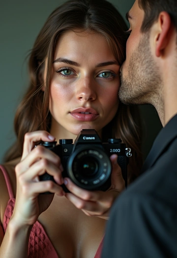 Женщина держит в руках фотоаппарат, направленный на зрителя, её парень целует её в висок. Она сосредоточена, он вне фокуса. Внимание на ней и моменте творчества.