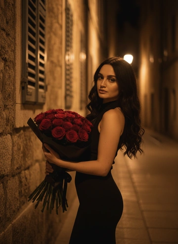 СОХРАНИТЬ РЕАЛЬНОЕ ЛИЦО — строго сохранить точные черты лица и идентичность с референсного изображения. Без бьютификации, без стилизации.
Ночная уличная fashion-фотосессия в стиле «romantic night luxury» с атмосферой свидания и эстетикой элегантной вечерней прогулки по городу. Локация — узкая европейская улица с окнами, ставнями и тёплым светом из интерьеров, создающим уютный и интимный антураж. В кадре ощущение роскоши, романтики и мягкой загадочности ночи.

Поза модели
Модель стоит вполоборота к камере рядом со стеной здания. Корпус слегка наклонён вперёд к букету. Обе руки держат большой букет роз на уровне живота. Голова повернута в сторону камеры, взгляд направлен в камеру. Плечи расслаблены, спина ровная. Поза спокойная, утончённая и созерцательная, подчёркивающая линию шеи, талию и рук.

Образ модели
Волнистые распущенные волосы, уложенные крупными мягкими локонами и спадающие на плечо. Наряд — чёрное облегающее платье без рукавов с высокой горловиной, подчёркивающее фигуру. В руках — большой букет красных роз, завернутый в чёрную матовую упаковку. Образ — элегантная женщина после романтического вечера.

Атмосфера
Романтичная, тёплая и немного кинематографичная. Настроение — тишина ночного города, ощущение свидания и дорогого подарка. Тёплый свет из окон создаёт золотистые блики на волосах и коже, контрастируя с тёмным фоном улицы и чёрным платьем.

Ракурс и композиция
Средний план по бёдра. Камера расположена на уровне груди модели, под небольшим углом сбоку. Модель смещена к правой части кадра, слева — стена с окнами и ставнями, уходящими в перспективу. Букет занимает центральную часть композиции и является визуальным акцентом. Фон слегка размытый.

Обработка фотографии
Тёплая ночная цветокоррекция с преобладанием золотистых и глубоких тёмных оттенков. Повышенная чёткость на лице и цветах. Кожа естественная, без пластиковой ретуши. 

Эффекты камеры
Объектив 85 mm. Диафрагма f/1.8 – f/2.5 для мягкого боке фона. Использование вспышки или мягкого направленного света спереди для подсветки модели и букета, комбинированного с тёплым уличным освещением. Лёгкое плёночное зерно для эффекта lifestyle-фотографии и кинематографичности.

Негативный промт: деформированное лицо, изменённая внешность, искажённые черты лица, низкое качество, нереалистичная кожа, нереалистичная модель, нарисованное фото, нереалистичное фото.