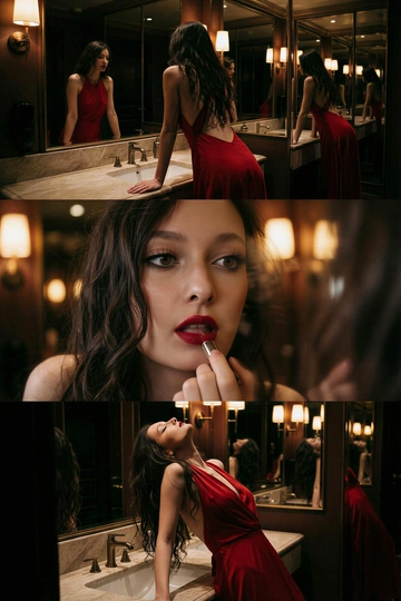 Создай не меняя черты лица. Экстремально реалистичный кинематографичный триптих, как живая серия фотографий из Instagram, снятая в зеркальном туалете дорогого ресторана. Вечер, интимная атмосфера, отражения в зеркалах, приглушённый свет, ощущение роскоши и ускользающего момента. Весь триптих объединён одним образом и единым настроением, с лёгким зерном, как будто кадры сняты в движении, естественно. В верхней части женщина стоит спиной облокотившись на раковину рукой, лицо в тени спина освещена, в отражениях зеркал видна её фигура, на ней одно и то же красное платье с открытой спиной, ткань струится и выглядит дорого, чувственно. Свет мягко скользит по плечам и линии спины, создавая глубокие тени и драматичный силуэт. В средней части экстремально близкий ракурс лица через зеркало, женщина смотрит на своё отражение и поправляет помаду, жест живой и естественный. Лицо частично в фокусе, частично слегка размыто, ощущение движения и дыхания кадра. Пышные ресницы, выразительный взгляд, блики света в зеркале, локоны из пучка падают на лицо, добавляя интимности. В нижней части девушка запрокинула голову и облокотилась о раковину, глаза закрыты, поза расслабленная, уязвимая, словно она на секунду выпала из шумного вечера. Платье то же самое, красное, ткань ловит приглушённый свет, усиливая глубину цвета и теней. Во всех кадрах приглушённое освещение, cinematic lighting, мягкие тени, отражения зеркал, лёгкое зерно и небольшой motion blur без резкой чёткости и глянца. Цвета глубокие, насыщенные, но сдержанные. Общий стиль ультрареализм, кинематографическая эстетика, эффект настоящего Instagram-триптиха, ощущение пойманного момента, живо, чувственно и очень реалистично, как кадры из личного архива.
Не меняй черты лица. Очень длинные изящные волнистые волосы, несколько локонов свободно падают на лицо и шею. 