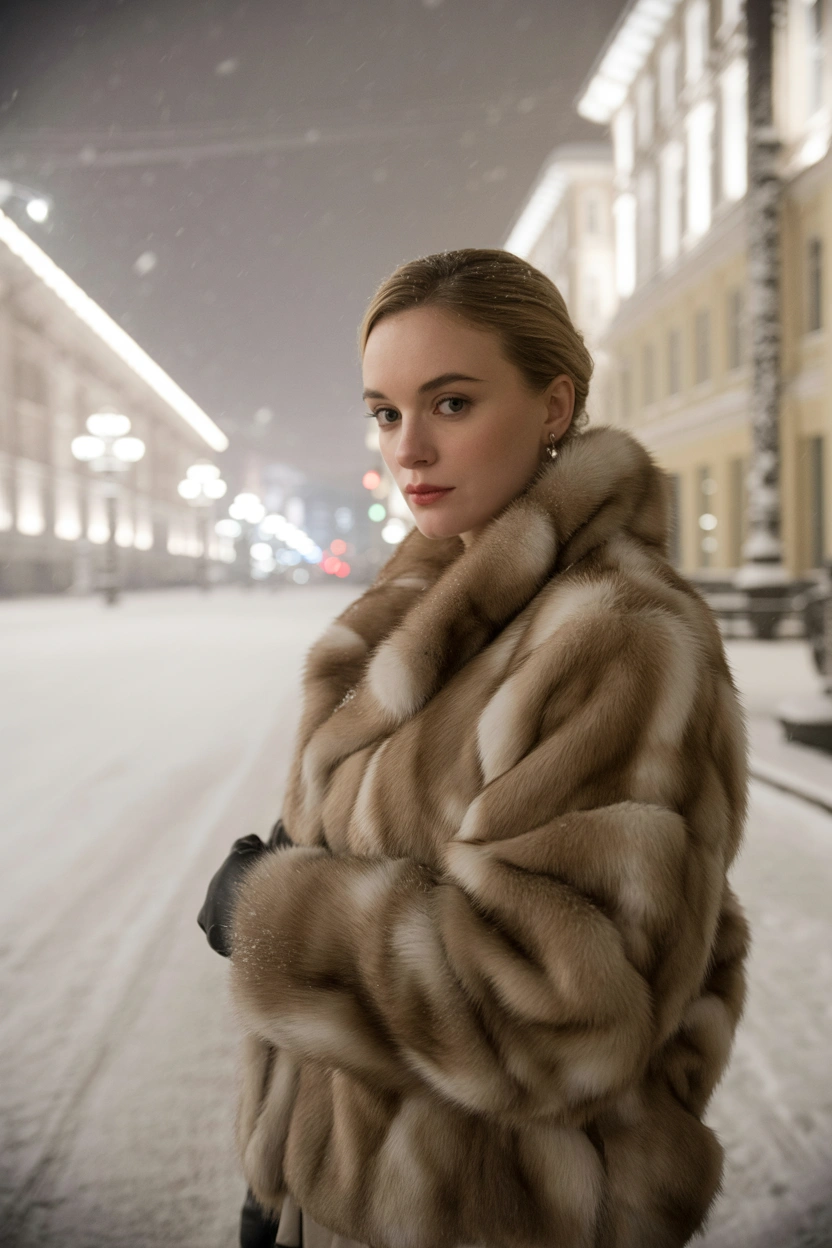 Женщина на улице Москвы среди заснеженных тротуаров, в роскошной соболиной шубе средней длины с широким воротником и выразительной естественной фактурой меха. В среднем плане, смотрит прямо в камеру, легкий естественный макияж, распущенные волосы, позирует с игривым наклоном головы, атмосфера ретро-журнала.