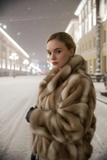 Женщина на улице Москвы среди заснеженных тротуаров, в роскошной соболиной шубе средней длины с широким воротником и выразительной естественной фактурой меха. В среднем плане, смотрит прямо в камеру, легкий естественный макияж, распущенные волосы, позирует с игривым наклоном головы, атмосфера ретро-журнала.