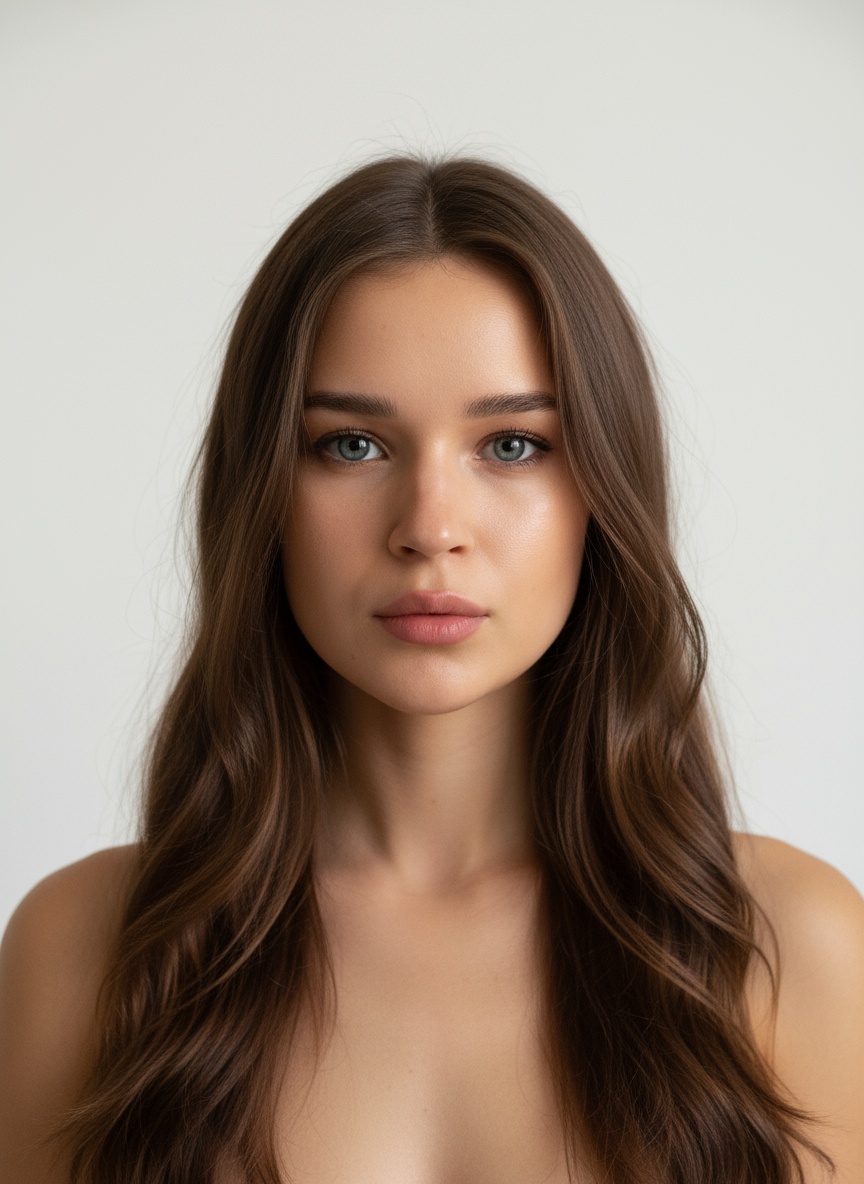  Фотореалистичный портретный кадр анфас, от груди вверх: девушка, не изменяя черты лица с длинными волнистыми каштановыми волосами и пробором по центру, загорелая кожа, голые плечи, естественная расслабленная поза; нейтральный белый фон, мягкое естественное освещение с боковым заполняющим светом, тёплая цветовая палитра, малая глубина резкости (85 мм, f/1.8–f/4) для мягкого боке, минималистичная композиция, лёгкое движение волос, естественный макияж и мягкая ретушь, атмосфера элегантности и простоты.