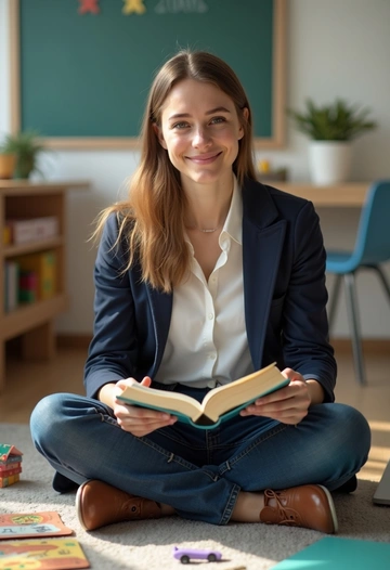 Женщина учительница сидит на полу с книгой в руках среди учебных карточек и моделей, создающих атмосферу начальной школы. Она смотрит в камеру с лёгкой улыбкой. Крупный план, подчёркивающий теплоту и подход к детям.