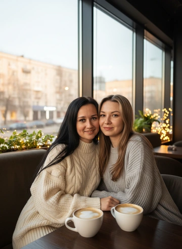 в кафе за столиком с кофе, фон теплый, с большими панорамными окнами в пол, что добавляет тепла и уюта сцене, улыбаются, смотрят прямо в камеру. Одеты в свитера оверсайз с крупной вязкой 
