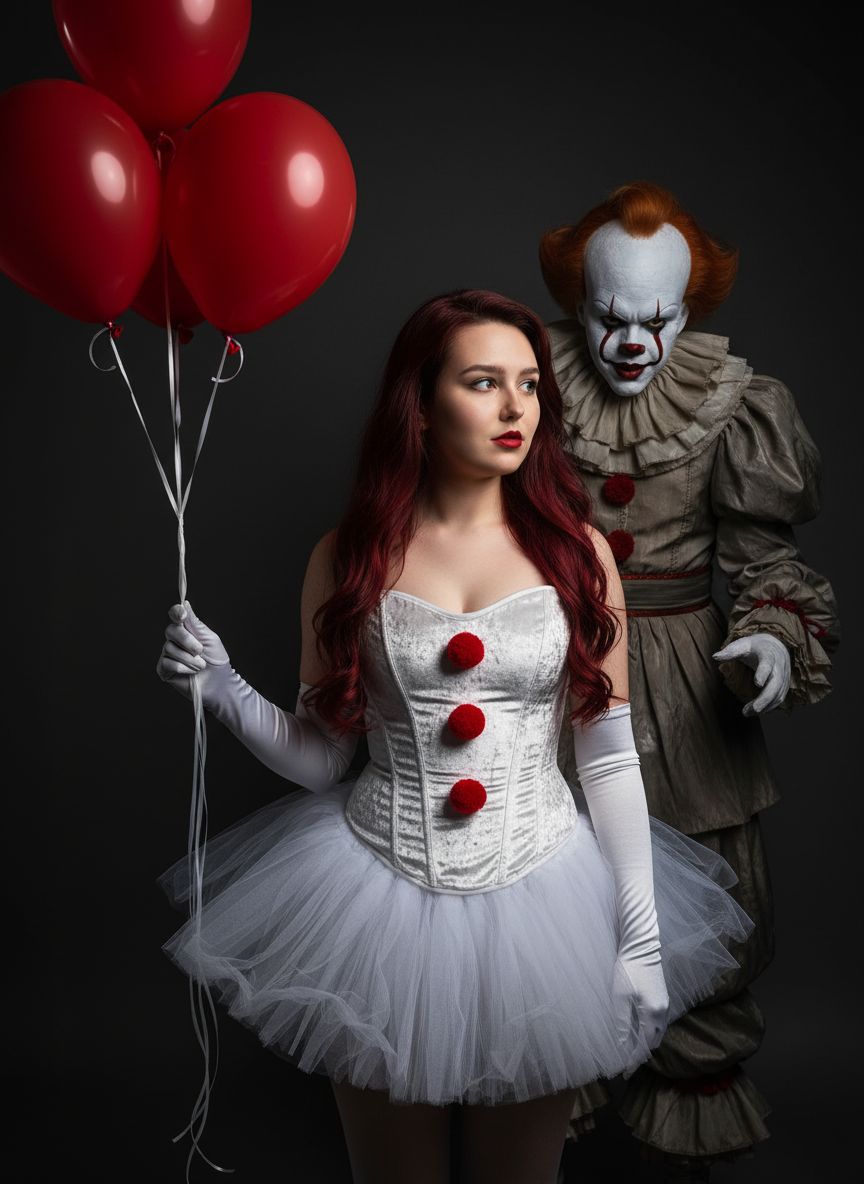 Создайте фото, не изменяя черты лица, в костюме Пеннивайза. Детали костюма и персонажа: На ней белый корсет из бархата или подобного материала, украшенный спереди красными помпонами. На ней короткая белая юбка-пачка из тюля. Среди аксессуаров — длинные белые перчатки. В правой руке она держит три красных воздушных шарика. У неё длинные волнистые волосы бордово-красного цвета, а макияж подчёркивается яркой красной помадой. Выражение её лица серьёзное, взгляд направлен в сторону. Фон и атмосфера: Фон преимущественно тёмный, создающий эффектный контраст с белым костюмом. За ней стоит клоун Пеннивайз, наблюдает. Это студийное фото с эффектным освещением, запечатлевшее популярный костюм для Хэллоуина или тематической вечеринки.