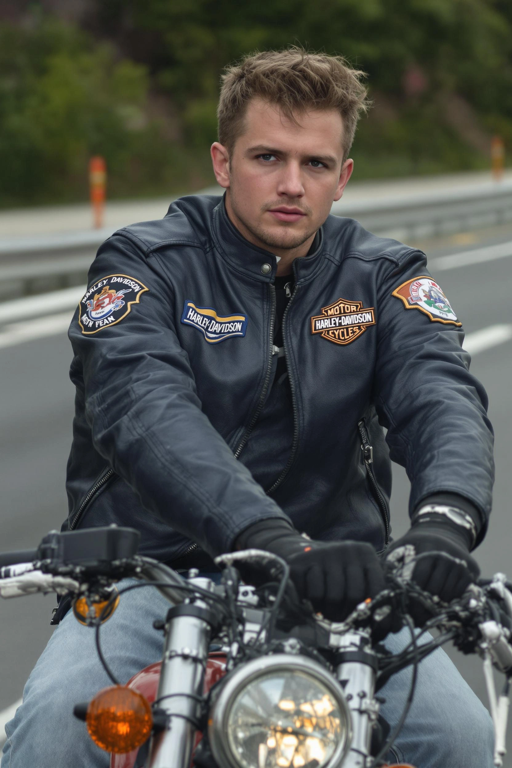 Мужчина в темно-синей кожаной куртке с нашивками Harley-Davidson, светлых джинсах и черных перчатках ведет мотоцикл по автомагистрали. Средний план, руки на руле, взгляд уверенно направлен в камеру, фон — полосы размывающегося асфальта.