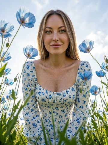 Создай портрет, не меняя черты лица. Экстремальный нижний ракурс (взгляд «из травы»), направленный вертикально вверх на женщину. Цветы тянутся к центру, свет проходит сквозь лепестки (эффект подповерхностного рассеивания). Женщина в белом корсетном топе с длинными рукавами-фонариками и открытыми плечами. Весь корсетный топ — в мелких голубых цветочках. На лице нежная улыбка. Акцент на деталях и коже: кожа детализированная. ISO 100 для отсутствия шумов, выдержка 1/2000 сек. Стиль National Geographic, мода. Гиперреализм, разрешение 8K.


Какие будут цветы?: Она окружена луговыми полевыми голубыми цветами — видны зелёные стебли. голубого цвета, слегка напоминают маки.