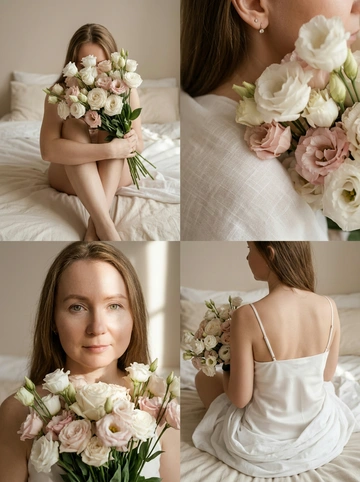 Используй загруженное фото для лица, строго сохрани идентичность, внешность, возраст, волосы, глаза. Коллаж из 4 вертикальных (соотношение 9:16) кадров в едином нежном, романтичном, богемном стиле "утра невесты". Цветовая гамма: теплые, приглушенные, землистые тона (бежевый, кремовый, белый, бледно розовый) с игрой мягкого света и теней.
Кадр 1 (Верхний левый): Человек сидит на кровати, обняв колени, лицо скрыто за большим букетом бело-розовых цветов (эустома/розы). Видна только макушка.
Кадр 2 (Верхний правый): Крупный план плеча, нежно прикрытого бело-розовыми цветами. Видна маленькая бриллиантовая серьга. Акцент на текстуре лепестков и ткани.
Кадр 3 (Нижний левый): Погрудный портрет. Человек смотрит в камеру с легкой улыбкой, держит букет у груди. Контрастный луч света освещает лицо и блики в глазах.
Кадр 4 (Нижний правый): Человек сидит спиной к камере, в белом топе с тонкими лямками, завернутый в белые простыни, с букетом. Голова чуть повернута влево. Акцент на линию спины и плеч. Мягкий свет подчеркивает контуры фигуры.
Сцена: Минималистичная спальня с белым или кремовым бельем.
Реалистичная телефонная съёмка высокого качества, малая глубина резкости, мягкое студийное освещение с контровым светом. Цвета: бежевый, кремовый, белый, бледно-розовый.