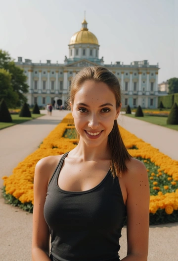 Женщина в платье стоит на фоне Екатерининского дворца, улыбаясь и глядя в камеру. Позади неё преобладает величественная архитектура дворца с его характерными голубыми и золотыми оттенками, а также ухоженный парк Царского Села с зелеными деревьями и яркими цветами. Солнечный свет освещает сцену, подчеркивая детали платья и создавая теплую атмосферу. Крупный план, в кадре акцент на лице и наряде женщины, окруженном красотой исторического пейзажа.