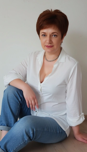 Женщина сидит на полу, спиной к стене. Она одета в расстегнутую белую рубашку и джинсы с подвернутыми штанинами. Одна рука лежит на согнутой ноге. На шее цепочка, в ушах - серьги. Смотрит прямо в камеру. Освещение мягкое, рассеянное. Фон светлый, однотонный. Общая атмосфера сдержанная, спокойная. Выражение лица нейтральное.