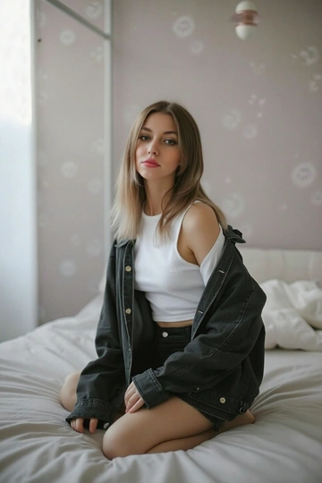 Фотосессия женщины в фотостудии c естественным освещением. Она одета черная джинсовка, белый кроп-топ в рубчик и черные короткие шорты. У нее сияющая кожа, блестящие губы и мягкий макияж. Прическа: мягкие волны. Освещение мягкое и рассеянное. Солнечные зайчки в кадре. Высокое разрешение, ультрареалистичный, 8K, стиль студийной модной фотографии. Женщина сидит на коленях на белой постели.