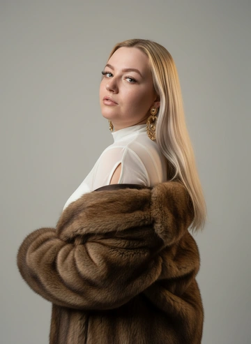 Высококлассный студийный портрет красивой женщины, с тем же лицом и прической, что и на предоставленной картинке. Она одета в роскошное коричневое пальто из искусственного меха, элегантно спадающее с плеча, в сочетании с белым прозрачным внутренним платьем с высоким воротом и стильным вырезом на рукаве. Она оглядывается через плечо с элегантным, загадочным взглядом. Фокусированное боковое/диагональное освещение создает драматические тени на сплошном светло-сером фоне. Общий тон тёплый. Она носит массивные золотые акцентные серьги. Не изменяйте структуру лица или идентичность. Сохрани форму лица, черты лица на 100%