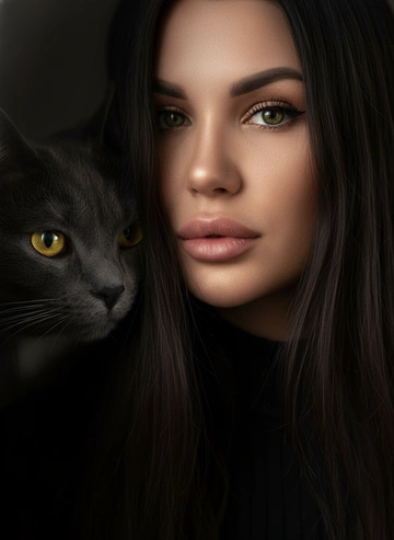 Не меняя внешности человека с фото, кадр показывает драматическую близость лица женщины и кошки, вплотную соприкасающихся. Правый глаз женщины смотрит в объектив, подчеркнут мягким контрастным светом, акцентирующим текстуру кожи. Ее глубокий взгляд с тенями подчеркивает форму глаза и внешний угол, создавая тревожное ожидание. Ресницы
длинные ,черные, внутренний уголок глаза прокрашен черными .Кола идеальная виден хайлайтер на носу и скулах
-золотой ,пухлые губы Длинные прямые волосы спускаются вниз, частично закрывая левую сторону лица. Слева на фоне в тени виднеется лицо кошуи как заявлено на фото  с ярким глазом и вертикальной зрачковой щелью, мех сливается с фоном, создавая мистическую гармонию с лицом. Приглушенный боковой свет формирует глубокие тени и контрасты между кожей, волосами и шерстью. Атмосфера насыщена напряжённостью, философской задумчивостью и мрачной эстетикой, вызывая внутреннее противостояние и глубокое кинематографическое ощущение. Фотореалистичное, высокая детализация, качество 8к.У девушки зеленые глаза  у кошки желтые 
#chatgpt #reelsai