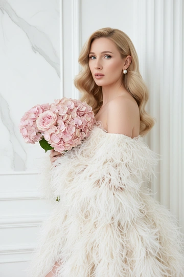 Создай крупный плечевой портрет, не меняя черты лица.Детальный крупный портрет элегантной женщины в эффектном, роскошном, модном платье. Женщина с волнистыми волосами. Одежда представляет собой объемное творение кутюр, полностью сделанное из больших, текстурированных, кремово-белых перьев, уложенного с открытыми плечами, чтобы обнажить декольте  Женщина стоит в динамичной, чувственной позе, прислонившись к белой классическому архитектурной стене. На ней серьги-гвоздики жемчужные . На заднем плане представлен грандиозный, классический интерьер/экстерьер - ярко-белая мраморная или лепная стена. Редакционное освещение, мягкое и рассеянное, подчеркивающее текстуру перьев и кожи.в руках букет. Высокое разрешение, сверхдетализация, модная фотография Букет из пудрово-розовых гортензий и роз, у девушки блондинистый цвет волос, голубые глаза