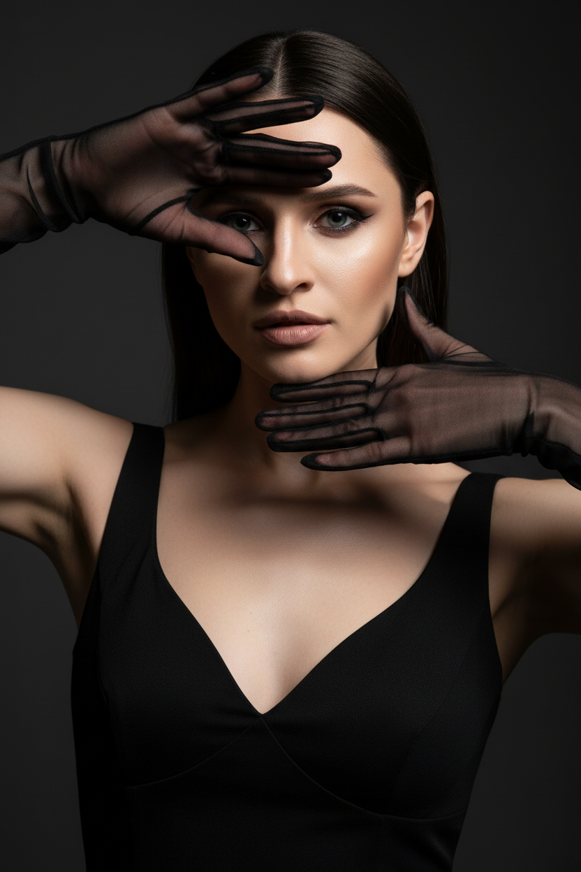 На моей фотографии крупным планом изображена гламурная женщина на темно-сером фоне, в прозрачных чёрных перчатках и чёрном платье. Она позирует, обрамляя лицо руками, отбрасывая на глаза эффектные тени. Яркий макияж глаз с аккуратной подводкой, гладкая и безупречная кожа, кинематографическое освещение, стиль высокой моды, атмосфера таинственности и соблазнительности. 
