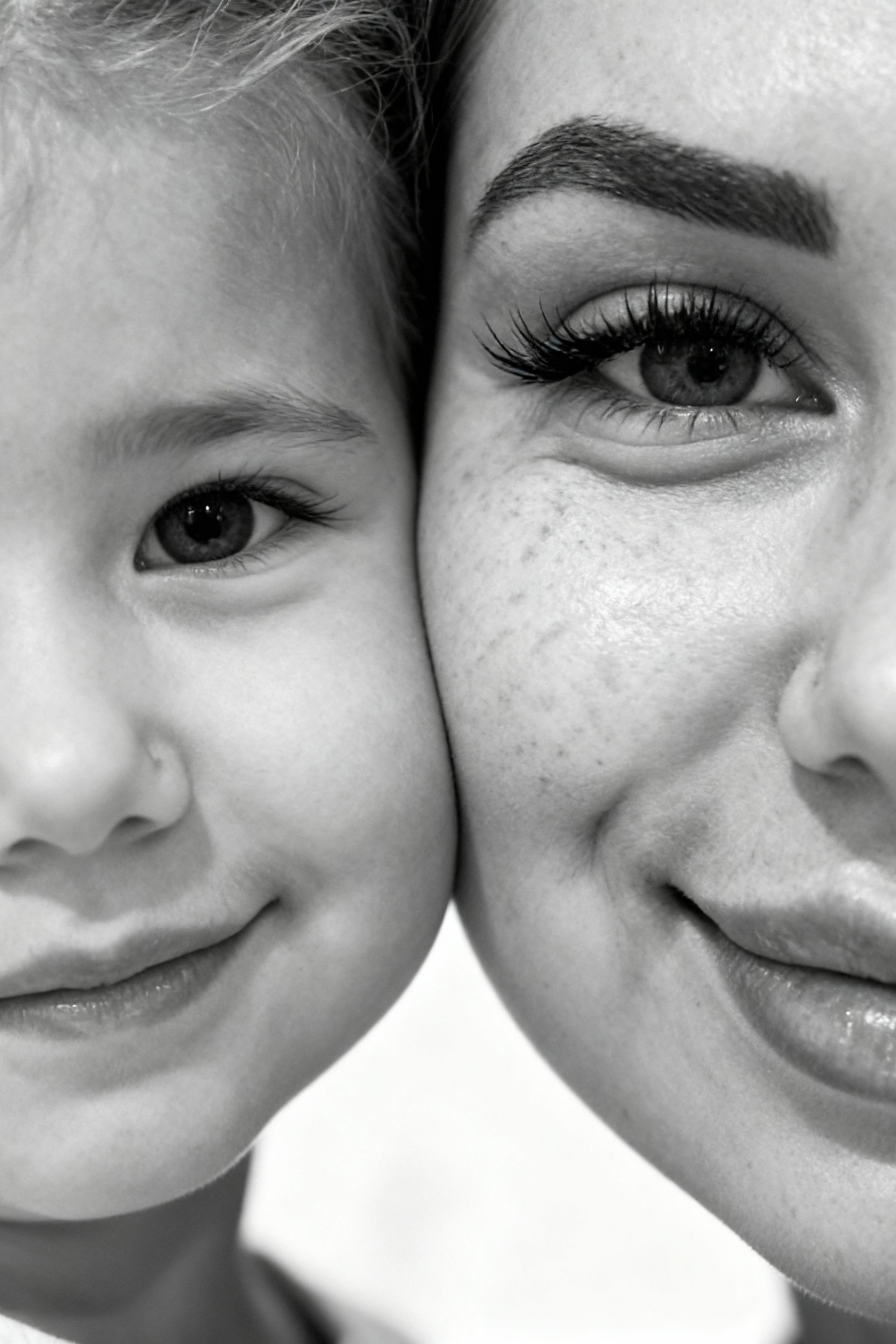 Сверхреалистичная черно-белая художественная фотография 8K женщины и ребенка, снятая очень крупным планом, щека к щеке так что видны только правая половина лица женщины и левая половина лица ребенка. которые смотрят в камеру. Их лица расположены рядом, почти соприкасаясь, образуя идеально сбалансированную симметричную композицию. Каждая деталь передана с фотографической точностью: тонкая текстура кожи и плавные градиенты света и тени. Видимая половина женщины включает ее бровь, один глаз , часть ее носа, щеку и губы, слегка приоткрытые в нежной, естественной улыбке, Видимая половина ребенка включает один глаз , круглую мягкую щеку, часть носа и небольшую улыбку, Фон белый и слегка размытый, что подчеркивает эмоциональную близость между ними. Освещение мягкое и рассеянное, создает деликатный контраст и тональную глубину. На снимке запечатлены нежность, близость и связь между матерью и ребенком, запечатленные с потрясающей реалистичностью. Не меняй черты лиц. 