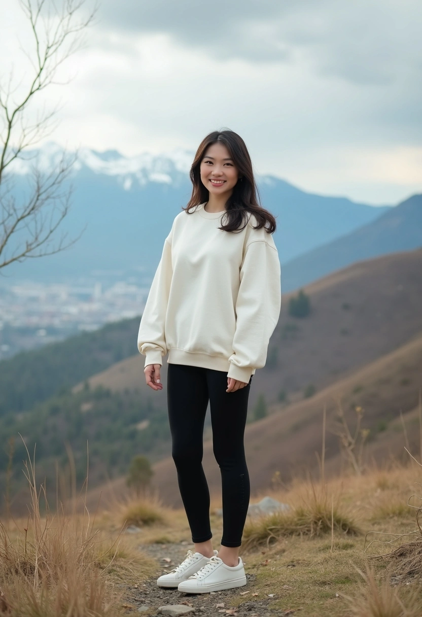 Алматының Көктөбе тауының етегінде әйел спорттық стильдегі ақ oversized свитер, қара леггинс және жеңіл кроссовка киіп, табиғат аясында тұр. Ол камераға күлімсіреп қарап, артқы фонда қала панорамасы мен тау көрінісі әсем үйлескен. Сурет көктемнің еркіндігі мен сергектігін бейнелейді.