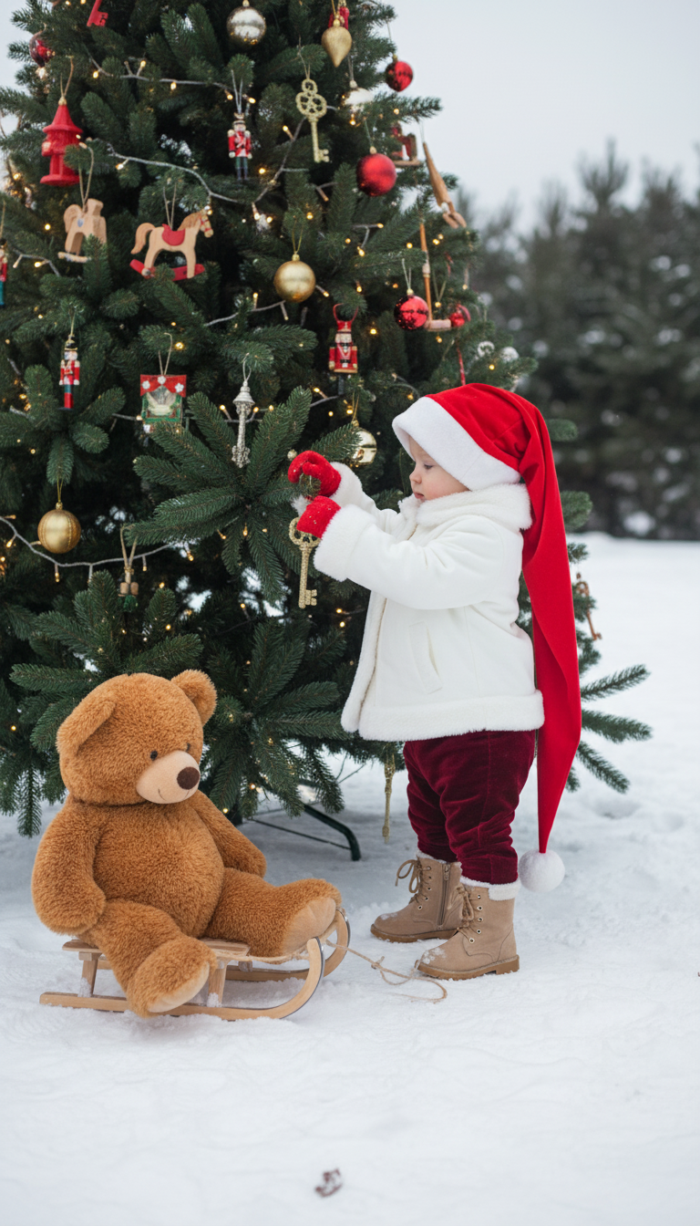 Создайте фотографию ребёнка. Ребенок перед елкой. Ребёнок вешает новогоднюю игрушку на елку. Стоит на носочках. Рядом с ним плюшевый медведь, сидящий на деревянных санках перед ним. Поза спокойная и мягкая, тело чуть наклонено вперёд. Одна нога немного согнута в колене. На елки игрушечные лошадки, оловянные солдатики, щелкунчик, золотой ключик из сказки Буратино, гирлянда и новогодние шары. На ребенке длинная, непропорционально большая красная шапка в стиле Санта-Клауса, доходящая до бёдер, и белое зимнее пальто или куртка с отделкой и подкладкой из белого меха или шерпы на воротнике, манжетах и ​​спереди. На нём тёмно-красные/бордовые бархатные или тёплые тканевые брюки и красные варежки. Бежевые замшевые ботинки со шнурками. На земле лежит свежий снег с дорожкой от санок и следов от ботинок, а размытые деревья (ели) на заднем плане создают мягкую глубину. Рассеянное освещение навевает мысли о пасмурном зимнем дне, а общий тон изображения создаёт волшебную и игривую атмосферу. Сохраните черты лица человека на представленной фотографии такими, какие они есть.