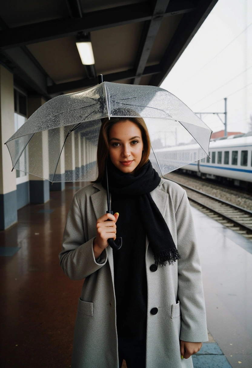Женщина в плаще и с зонтом стоит на фоне железнодорожного вокзала, вокруг мокрая мостовая. Фото в стиле Полароид