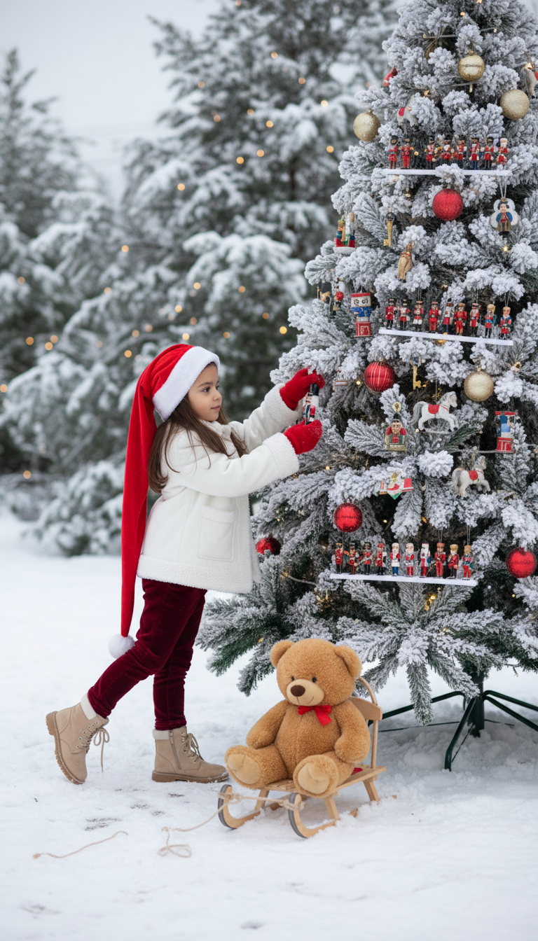 Создайте фотографию ребёнка. Ребенок перед елкой. Ребёнок вешает новогоднюю игрушку на елку. Стоит на носочках. Рядом с ним плюшевый медведь, сидящий на деревянных санках перед ним. Поза спокойная и мягкая, тело чуть наклонено вперёд. Одна нога немного согнута в колене. На елки игрушечные лошадки, оловянные солдатики, щелкунчик, золотой ключик из сказки Буратино, гирлянда и новогодние шары. На ребенке длинная, непропорционально большая красная шапка в стиле Санта-Клауса, доходящая до бёдер, и белое зимнее пальто или куртка с отделкой и подкладкой из белого меха или шерпы на воротнике, манжетах и ​​спереди. На нём тёмно-красные/бордовые бархатные или тёплые тканевые брюки и красные варежки. Бежевые замшевые ботинки со шнурками. На земле лежит свежий снег с дорожкой от санок и следов от ботинок, а размытые деревья (ели) на заднем плане создают мягкую глубину. Рассеянное освещение навевает мысли о пасмурном зимнем дне, а общий тон изображения создаёт волшебную и игривую атмосферу. Сохраните черты лица человека на представленной фотографии такими, какие они есть.