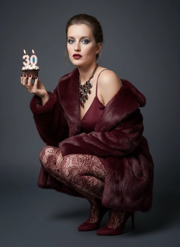 Максимально сохрани черты лица. Создай студийный портрет женщины, отмечающей своё 30-летие. Модель должна быть одета в роскошную бордовую шубу, накинутую на плечи, и бордовое платье/топ на тонких бретелях. Дополни образ кружевными бордовыми колготками с изысканным узором и туфлями на высоком каблуке в тон наряду. Волосы модели собери в аккуратный пучок. Макияж должен быть выразительным: дымчатые тени для глаз и ярко-бордовая помада. На шее — массивное украшение.

В правой руке женщина держит кекс с двумя зажжёнными свечами в виде цифр «30». Поза модели — полуприсед, слегка наклонённая вперёд, взгляд направлен прямо в камеру. Выражение лица — серьёзное, немного загадочное. Фон — нейтральный тёмно-серый градиент, создающий контраст с нарядом модели. Освещение мягкое, направленное, подчёркивающее текстуру шубы и детали образа. Общая атмосфера снимка — элегантная и праздничная.