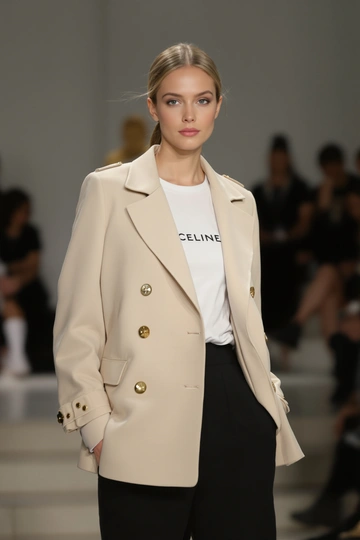 Женщина уверенно позирует на подиуме в одежде от Celine: на ней светло-бежевая двурядная куртка с декоративными пуговицами, укороченные черные брюки и классическая белая футболка. Минималистичный фон, мягкое студийное освещение, средний план, прямой взгляд.